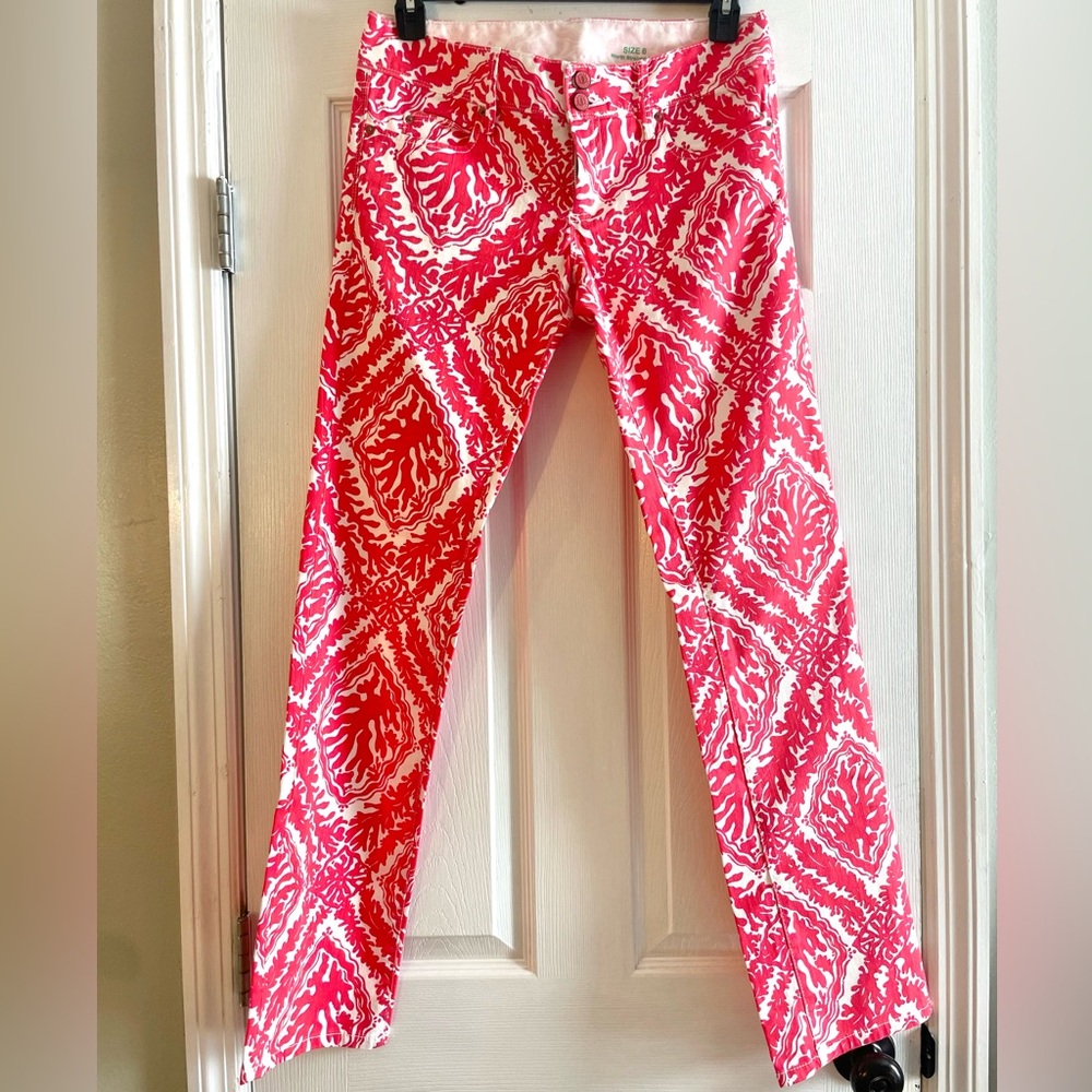 Lilly Pulitzer coral red and white denim pants size 6